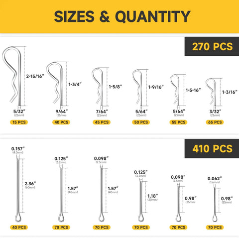 620 Piece Cotter Pin Kit With Zinc Plated Steel Pins, Hairpin Cotter Pins And R Clips, 12 Sizes And 2 Types, Size Chart.