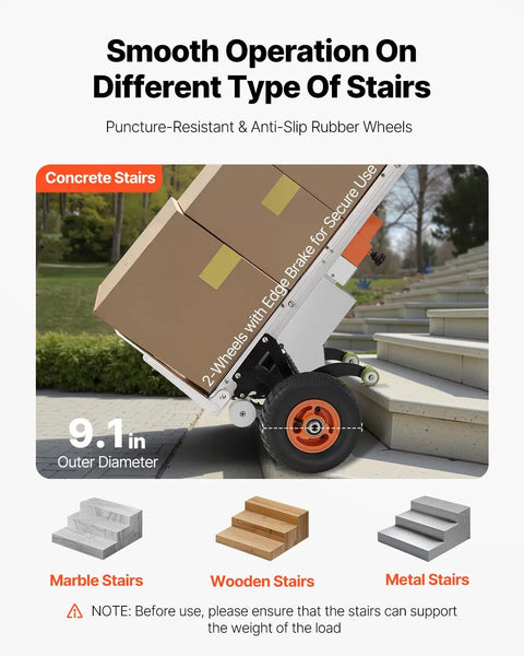 VEVOR Electric Stair Climbing Dolly 440 Lb Capacity Heavy Duty Hand Truck with wheels on concrete stairs demonstrating anti-slip feature.