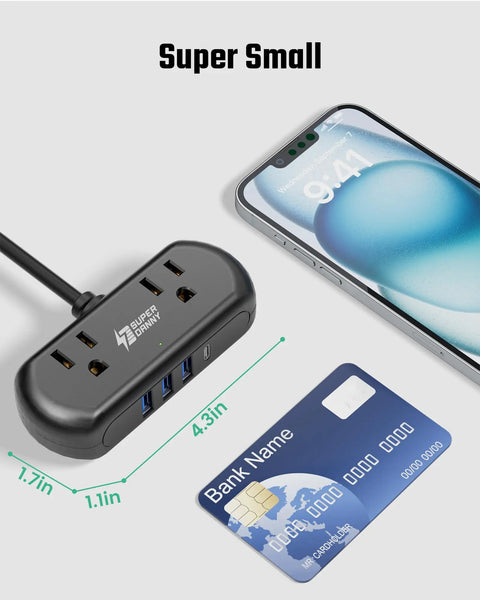 Six In One Charging Station With USB C And USB A Ports, Two Wide Spaced 110V Outlets, 5 Ft Flat Plug Extension Cord, compact size