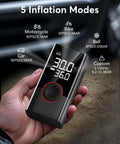 Person holding Portable Tire Inflator Air Compressor 150 PSI Cordless Pump With LED Light And Digital Pressure Gauge For Car Bike Motorcycle And Ball Quick Inflate Auto Shut Off