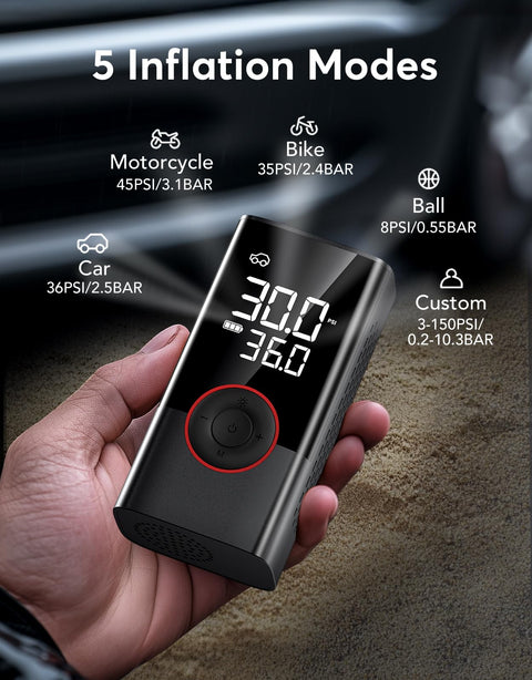 Person holding Portable Tire Inflator Air Compressor 150 PSI Cordless Pump With LED Light And Digital Pressure Gauge For Car Bike Motorcycle And Ball Quick Inflate Auto Shut Off