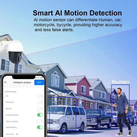 4K PTZ POE Outdoor Security Camera With 10X Optical Zoom Speed Dome AI Human And Vehicle Detection features shown on phone app