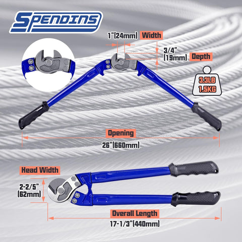 18 Inch Heavy Duty Wire Rope Cutter With Ergonomic Handle Design Beefy Blades For Clean Cuts Up To Five Sixteenth Inch Soft Copper And Aluminum Cables Or One Quarter Inch Hard Steel Cable And Stainless Wire showing dimensions and ergonomic design in blue.