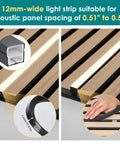 12mm-wide light strip for acoustic panel spacing of 0.51" to 0.59" shown on wood slats, part of 8 Pcs LED Recessed Light Kit Touch Control Dimmable 3000K Warm COB Strip Lighting.