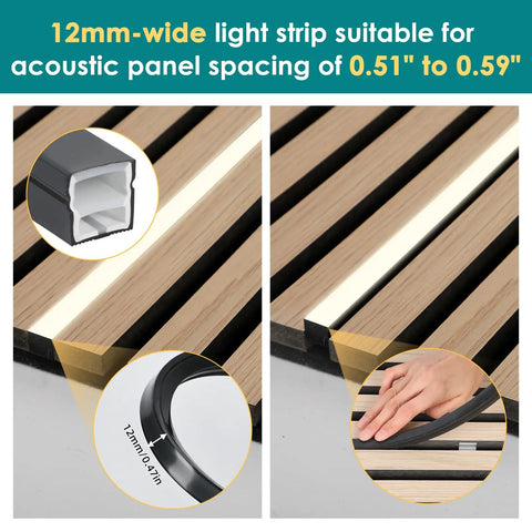 12mm-wide light strip for acoustic panel spacing of 0.51" to 0.59" shown on wood slats, part of 8 Pcs LED Recessed Light Kit Touch Control Dimmable 3000K Warm COB Strip Lighting.