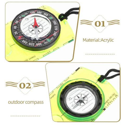 Close-up of Orienteering Compass For Hiking And Backpacking, yellow baseplate, acrylic material, compass needle pointing north.