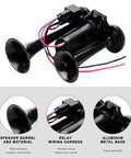 Dead Loud 12V Dual Trumpet Air Horn Kit With Compressor Fits Cars Trucks And Boats Dropping An Insane 120 Decibel Blast For Heavy Duty Warning Calls Keeping Drivers Safe Wherever You Roll Black with dual horns and wiring harness.