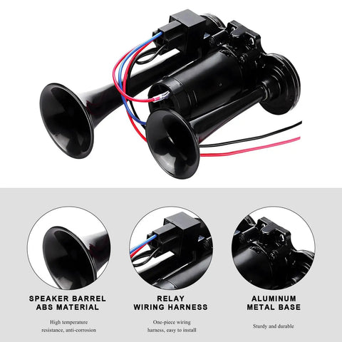 Dead Loud 12V Dual Trumpet Air Horn Kit With Compressor Fits Cars Trucks And Boats Dropping An Insane 120 Decibel Blast For Heavy Duty Warning Calls Keeping Drivers Safe Wherever You Roll Black with dual horns and wiring harness.