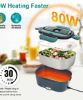 Exploded view of green Electric Lunch Box Food Heater On The Go Car And Truck Warmer, 80W, 12V 24V 110V, showing stainless steel container.