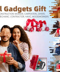 Couple exchanging gifts; collage showcasing gift boxes, families, and a gadget gift box for handyman or construction worker.