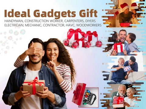Couple exchanging gifts; collage showcasing gift boxes, families, and a gadget gift box for handyman or construction worker.