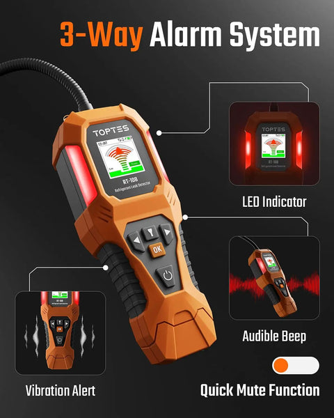 Refrigerant Leak Detector For HVAC With Halogen Ionization Sensor, Detects R134a CFCs HCFCs HFCs, pro grade orange handheld unit with display and buttons