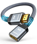 Boost Your Setup With Smooth 8K Output And Glitch Free 4K Gaming Via Zero Latency HDMI 2.1 Male To Female Extension Cable showing a braided design.