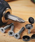 24 Set 3 Inch Shutter Fasteners With Black Vinyl Caps, Stainless Steel 304 screws visible with drill bit on wooden surface