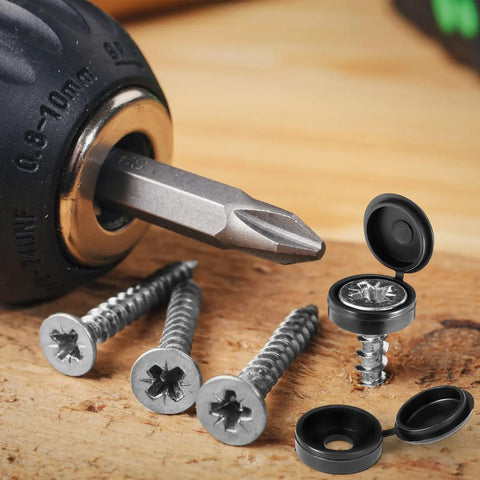 24 Set 3 Inch Shutter Fasteners With Black Vinyl Caps, Stainless Steel 304 screws visible with drill bit on wooden surface