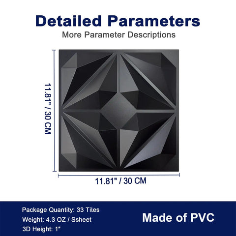 Decorative 3D Wall Panels Black PVC 12x12 Inch Tiles, Pack Of 33 Covers 32 Sq Ft Textured Dope Interlocking Wall Art