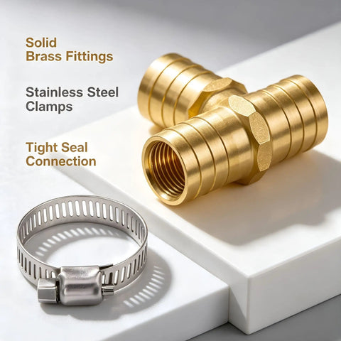 Top Tier 5/8 Hose Barb Fitting Kit With Solid Brass Splice Connectors Plus Stainless Clamps For Fixing Garden Fuel Cooler Or Drip Irrigation Lines Leak Proof And Rust Resistant Soaker Hose Repair Tool You Need: brass splice and clamp
