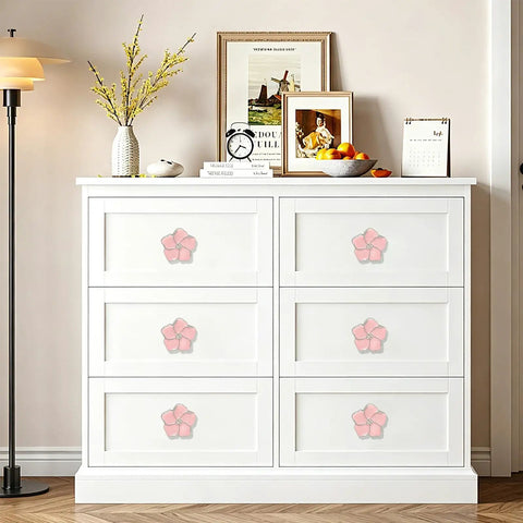 Top Shelf Pink Floral Cabinet Knobs And Drawer Pulls Set Of Four Damn Cute Petal Handles on white dresser with decorations.