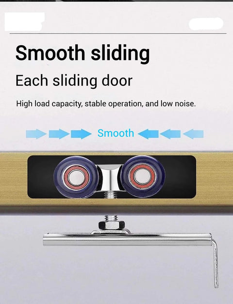 Smooth operation of Heavy Duty Double Sliding Door Rail Track Kit With Aluminum Ceiling Mount Barn Door Hardware shown with wheels.