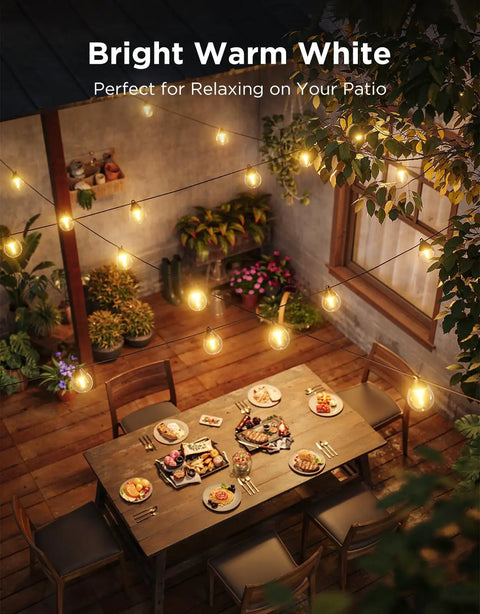 Clear Bulb Outdoor String Lights, 96ft RGBWIC Dimmable Patio And Backyard Lighting With 30 LEDs, 111 Modes, IP67 Waterproof hanging above patio dining