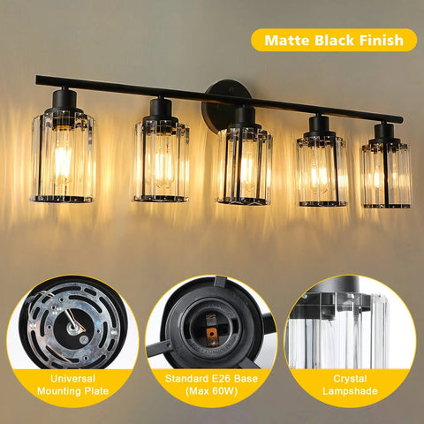 Five Light Crystal Vanity Lights In Black For Bathroom Over Mirror Modern Crystal Shade Wall Fixture With E26 Base Sleek Dope Bathroom Sink Lighting Bulbs Not Included, showing matte black finish and crystal shades