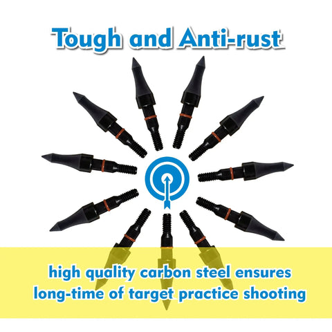 12 Piece Archery Arrow Tip Set 100 125 150 200 Grain Field Tips Five Sixteenths Inch Screw In arrows in a circle