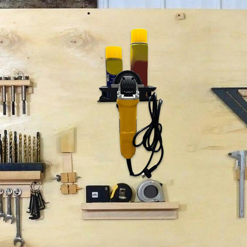 Iron Build Spray Bottle Rack Wall Mount Organizer for garage with tools and supplies on wooden board