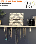 Shelf displaying jewelry hanging on Half Inch Small Screw Hooks Set 120 Pcs Rust Resistant Coated Steel Mini Twist In Hooks, gold finish.