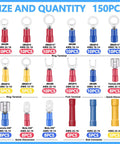 Chart displaying Pro Grade 150 Piece Electrical Terminal Kit with various insulated terminals for DIY wiring