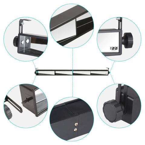 Close-up details of 4 Panel Dope Wide Angle Rear View Mirror for Golf Carts, showing adjustable brackets and mirror panels.