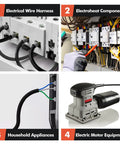 Silicone fiberglass wire heat shield sleeve for high-temp insulation; collage of wiring harnesses, appliances, tools.