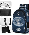 Moon Phases Space Astronomy Backpack Dope Printed Unisex Daypack with handle, shoulder strap, zipper, and side pockets.