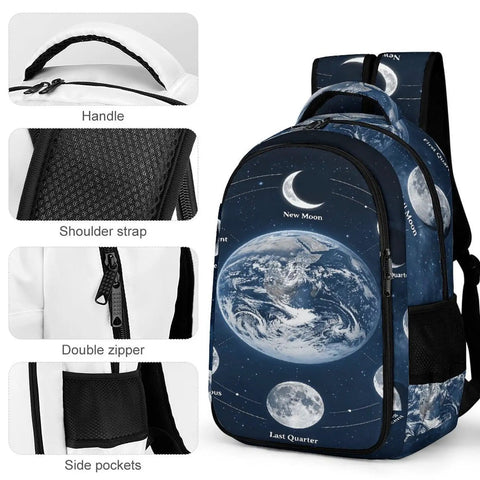 Moon Phases Space Astronomy Backpack Dope Printed Unisex Daypack with handle, shoulder strap, zipper, and side pockets.