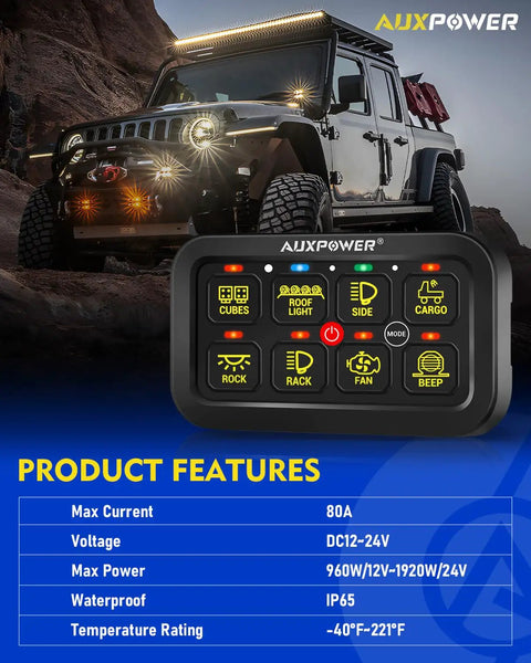 8 Gang Bluetooth App Controlled Switch Panel For 12V-24V Accessories Waterproof Car Boat Truck RV Power Relay System With Momentary Pulsed On Off Function, 80A Max, 960W-1920W Capacity shown with off-road vehicle in background