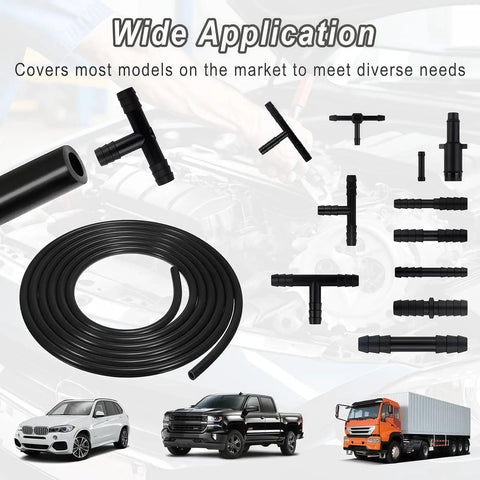All In One Vacuum Hose Kit with Six Five Foot Hoses and 64 Connectors for automotive fluid lines, showing various connector types.