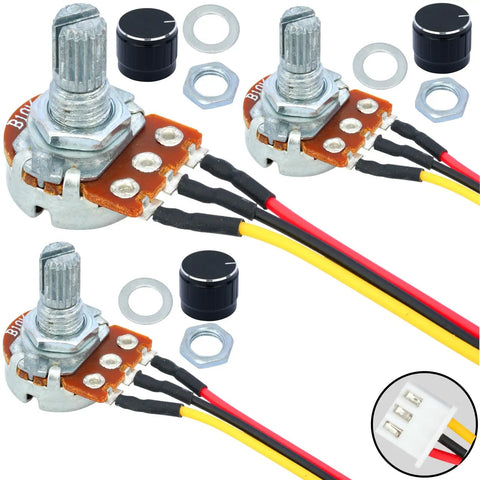 Three Pack 10K Ohm Linear Potentiometer Kit With WH148 3 Pin Variable Resistor, XH2.54 Connector Wires, 200Mm Lead, Knob Caps