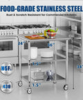 Stainless Steel Prep Table On Wheels 36x24 Inch NSF Food Prep Station With Backsplash And 2 Adjustable Undershelves, commercial kitchen use