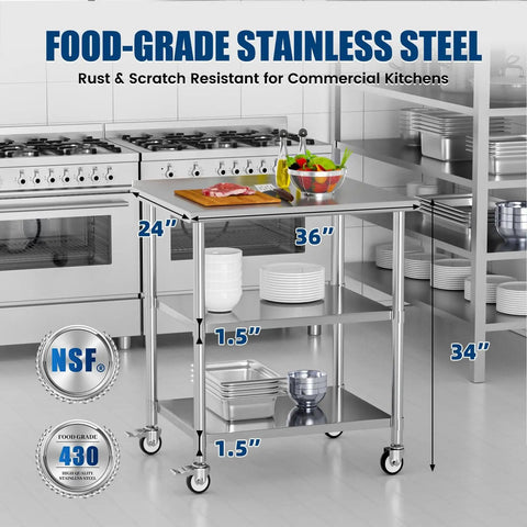 Stainless Steel Prep Table On Wheels 36x24 Inch NSF Food Prep Station With Backsplash And 2 Adjustable Undershelves, commercial kitchen use