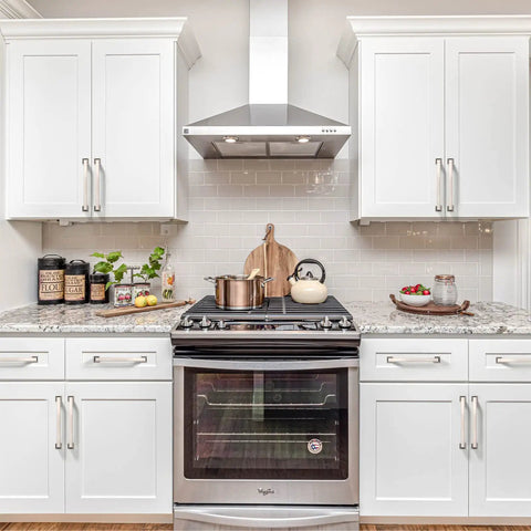 Slick Brushed Nickel Cabinet Pulls, 5 Inch Center To Center Kitchen Handles, 6 Pack With Quick Trim Mounting Screws on white cabinets.