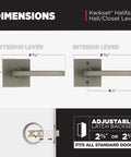 Diagram showing dimensions of Halifax Interior Square Passage Door Handle Lever for closets and hallways in gunmetal finish.
