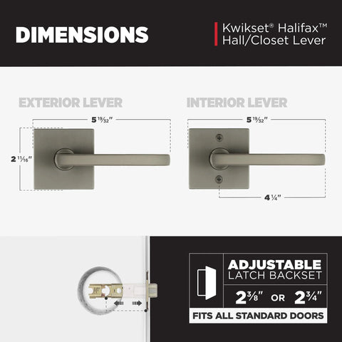 Diagram showing dimensions of Halifax Interior Square Passage Door Handle Lever for closets and hallways in gunmetal finish.