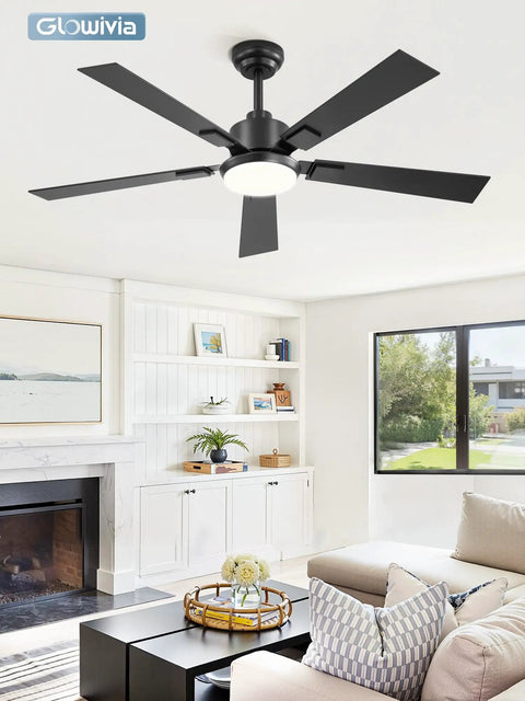 Living room with 52 Inch Black Smart Ceiling Fan With Dimmable 3000K To 6000K LED Light Remote And App Control Six Speed Quiet Reversible Motor