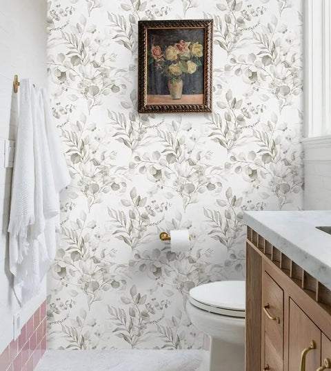Bathroom wall with Floral Peel And Stick Wallpaper For Bedroom And Home Decor Grey Boho Eucalyptus Leaf Farmhouse Contact Paper Self Adhesive And Removable For Cabinets Drawers And Nursery 17.3In Wide By 197In Long.