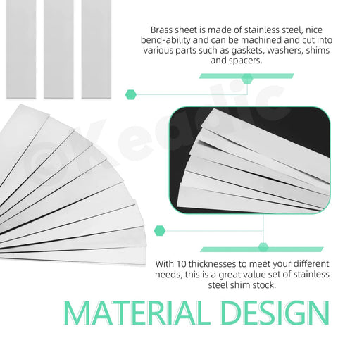 Keadic 10-piece stainless steel shim stock set, 0.005 in thick, 1 in wide, 6 in long, fanned and stacked shims