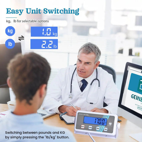 Doctor explaining Beefy And Sturdy Extra Wide Medical Digital Body Weight Scale 440 Lb Capacity with Ultra Clear LCD Readout to patient.