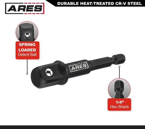 Image of Impact Grade Socket Adapter Set Turns Your Impact Drill Driver Into A High Speed Socket Driver With Three Inch Long Adapters In Quarter Inch Three Eighth Inch And Half Inch Drive For Versatile Reach And Quick Socketing. Features 1/4 inch hex shank and spring-loaded detent ball made of heat-treated CR-V steel.
