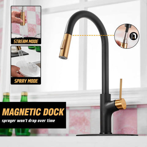 Boss Black And Gold Kitchen Faucet With Pull Down Magnetic Docking Sprayer Stainless Steel RV Ready Sink Faucet
