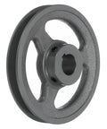 V Belt Sheave For 4L Or A Belt, Single Groove Web Sheave Cast Iron Durable Pulley Bored To Size For Precise Fit Outer Diameter 5.45 Inches Bore Seven Eighths Inch Includes Keyway And Hollow Head Set Screws, angled view