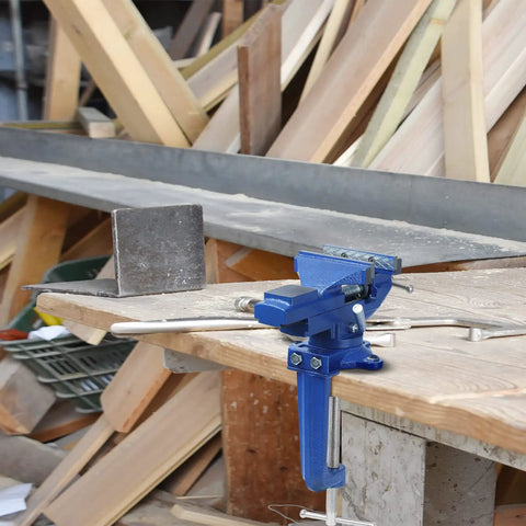 Heavy Duty Table Vise With Swivel Base For Woodworking And Metalworking, Dual Purpose Bench Clamp in workshop setting