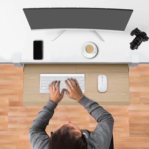 Person using under desk keyboard tray with pull out keyboard and mouse for easy no fuss setup c clamp mount smooth gliding tracks